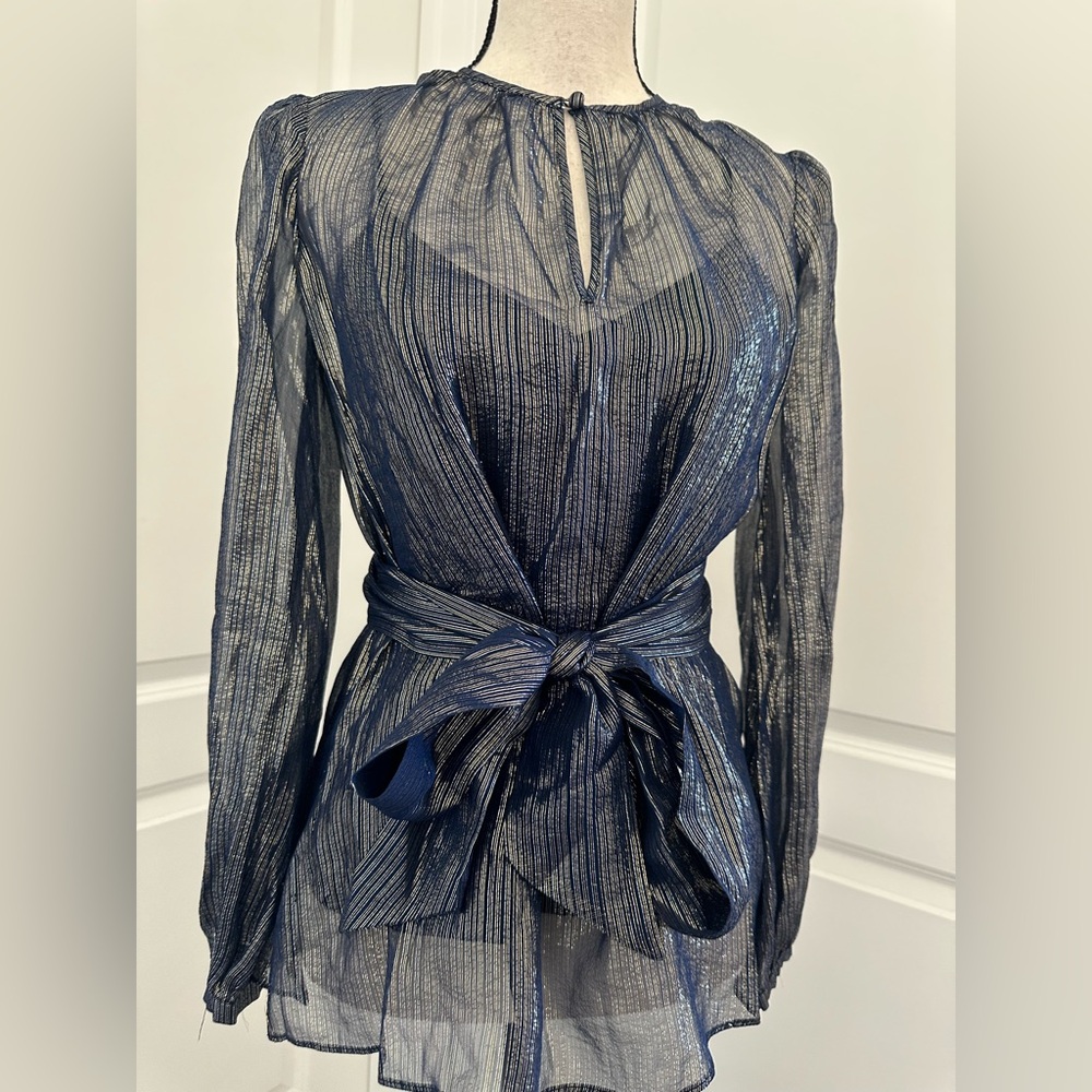 Intermix Juliet Lame Long Sleeve Blouse Dark Blue NWT Petite Size P